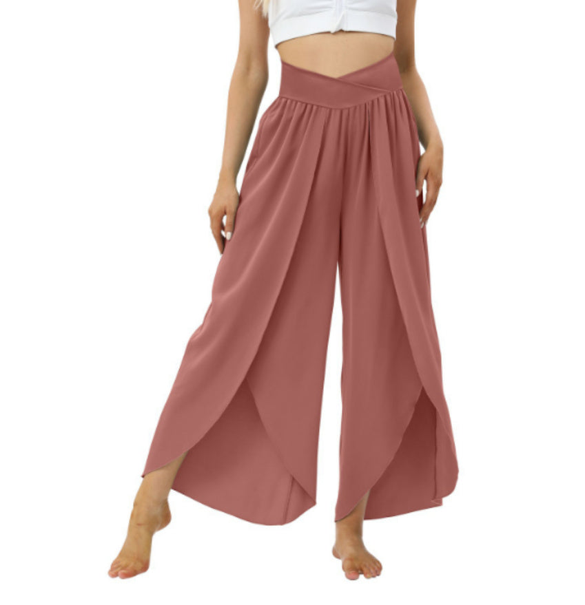 Loose Split Yoga Pants Summer Elastic High Waist Wide Leg Trousers