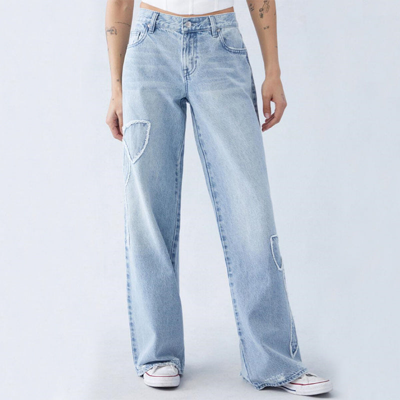 Straight Trousers Embroidered Side Frayed Butterfly Jeans Street Design Baggy Pants