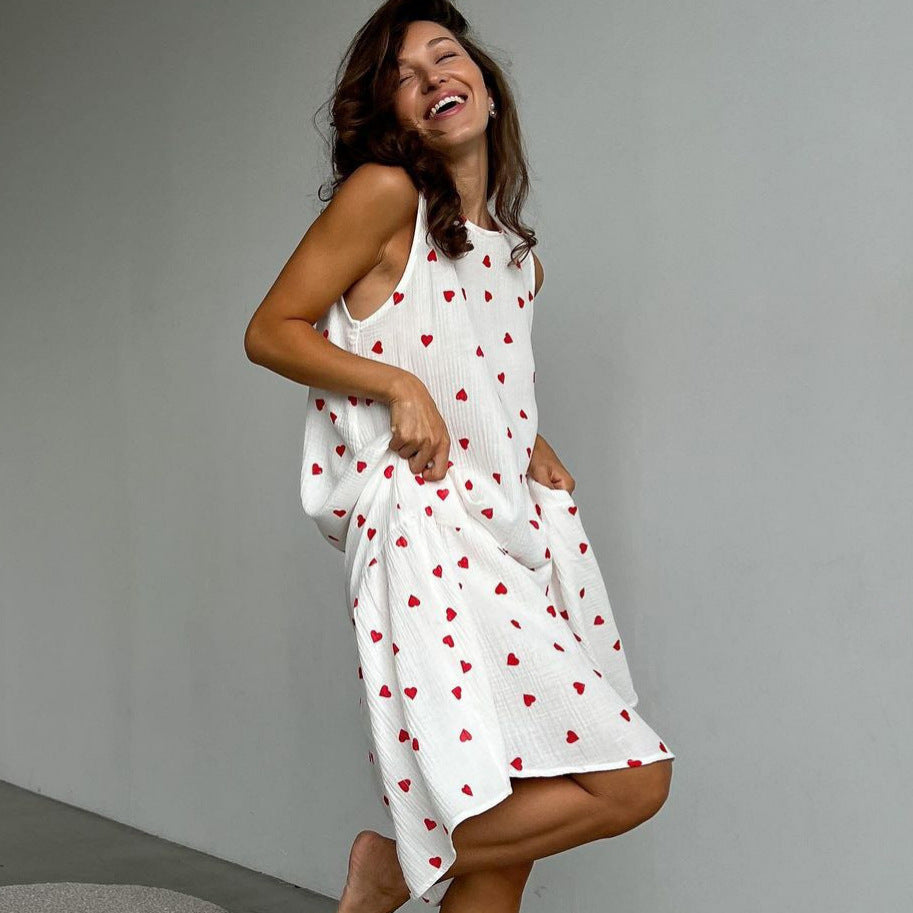 Heart Printing Cotton Sling Loose Long Dress