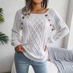 Square Neck Knitted Sweater With Button Design Winter Warm Long Sleeve Tops