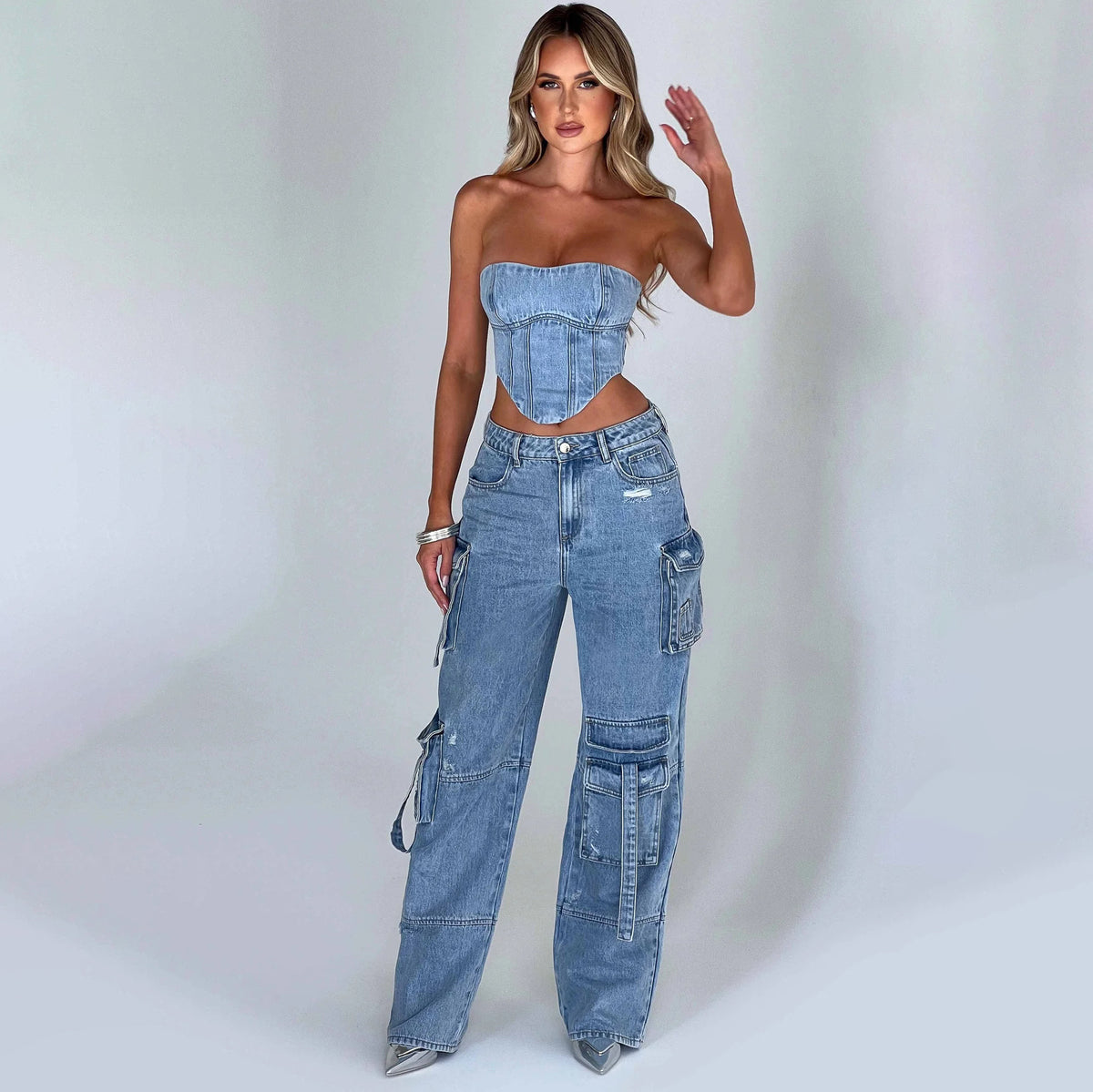 Suit Low Waist Three-dimensional Tube Top And Pocket Stitching Jeans Pants