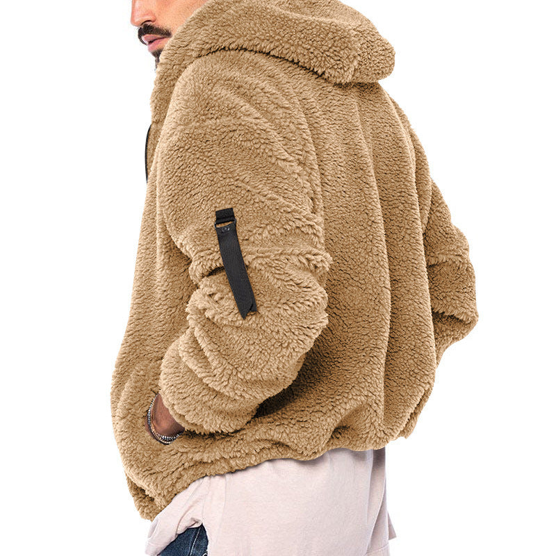 Plush Hooded Jacket Men's Autumn And Winter Fleece Double-sided Wear Warm Coat With Zipper Loose Casual Jacket