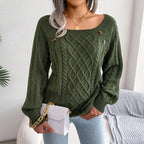 Square Neck Knitted Sweater With Button Design Winter Warm Long Sleeve Tops