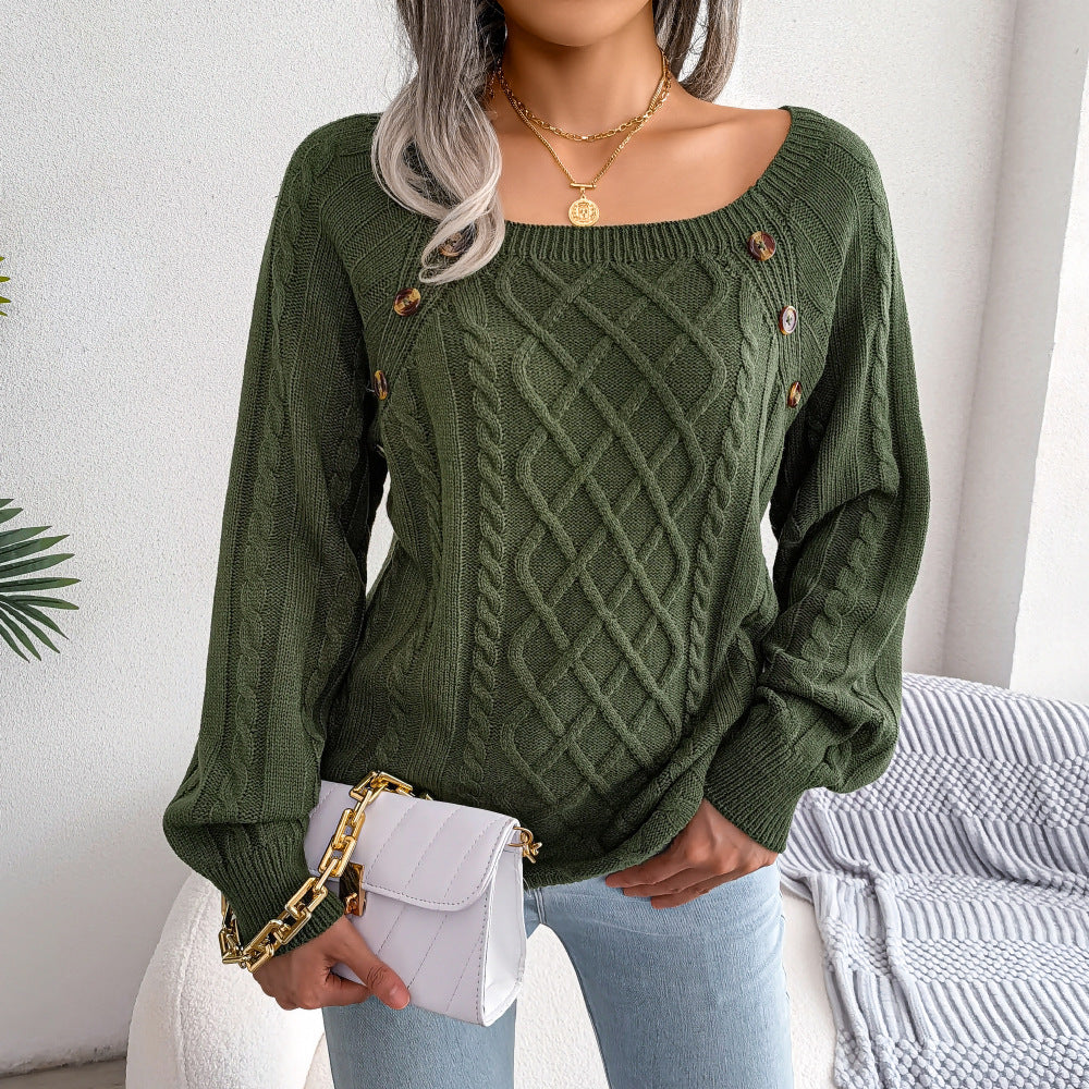 Square Neck Knitted Sweater With Button Design Winter Warm Long Sleeve Tops