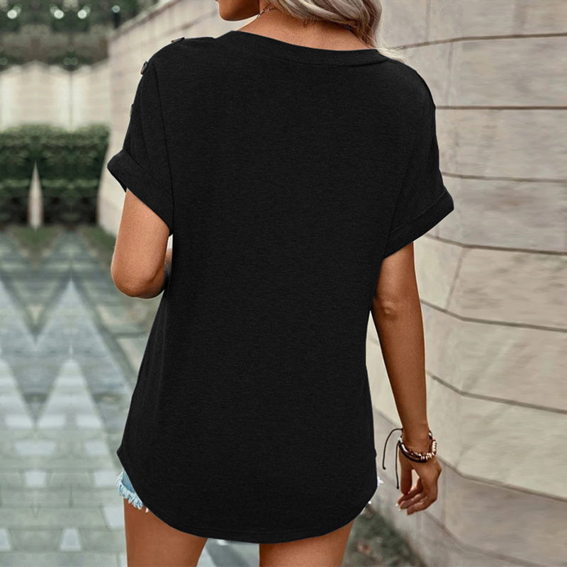 V Neck Short Sleeve Button Decor