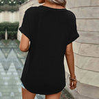 V Neck Short Sleeve Button Decor
