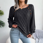 Square Neck Knitted Sweater With Button Design Winter Warm Long Sleeve Tops