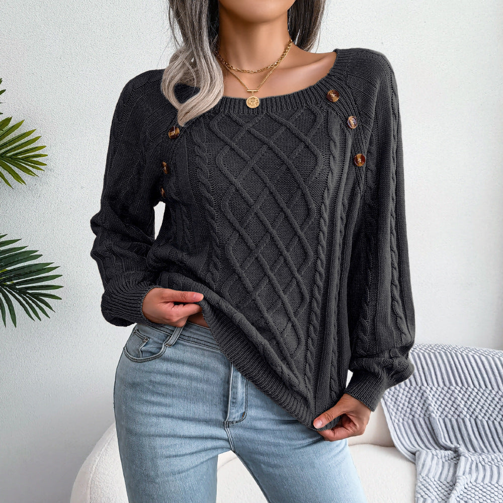Square Neck Knitted Sweater With Button Design Winter Warm Long Sleeve Tops