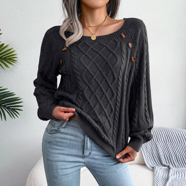 Square Neck Knitted Sweater With Button Design Winter Warm Long Sleeve Tops