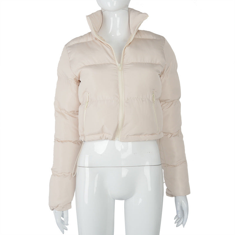 Long-sleeved Stand Collar Zipper Bread Cotton Coat With Drawstring Design