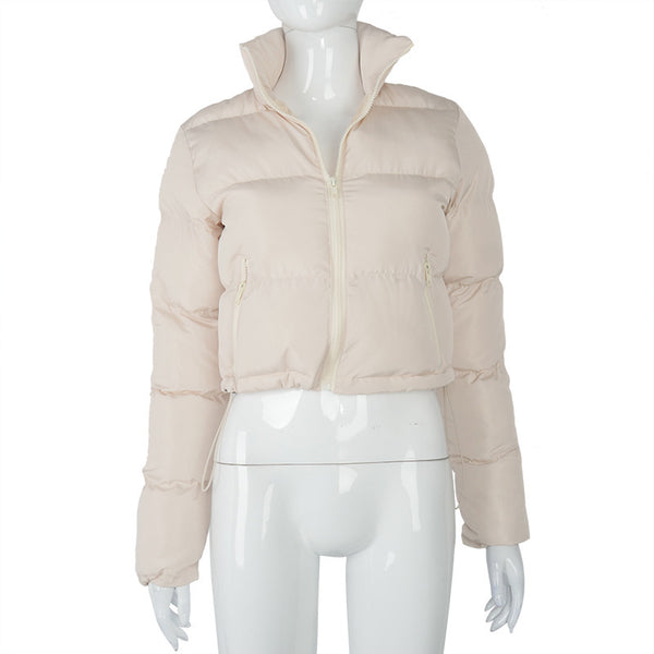 Long-sleeved Stand Collar Zipper Bread Cotton Coat With Drawstring Design