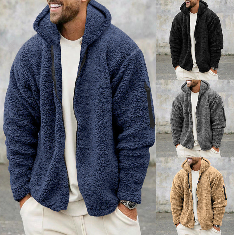Plush Hooded Jacket Men's Autumn And Winter Fleece Double-sided Wear Warm Coat With Zipper Loose Casual Jacket