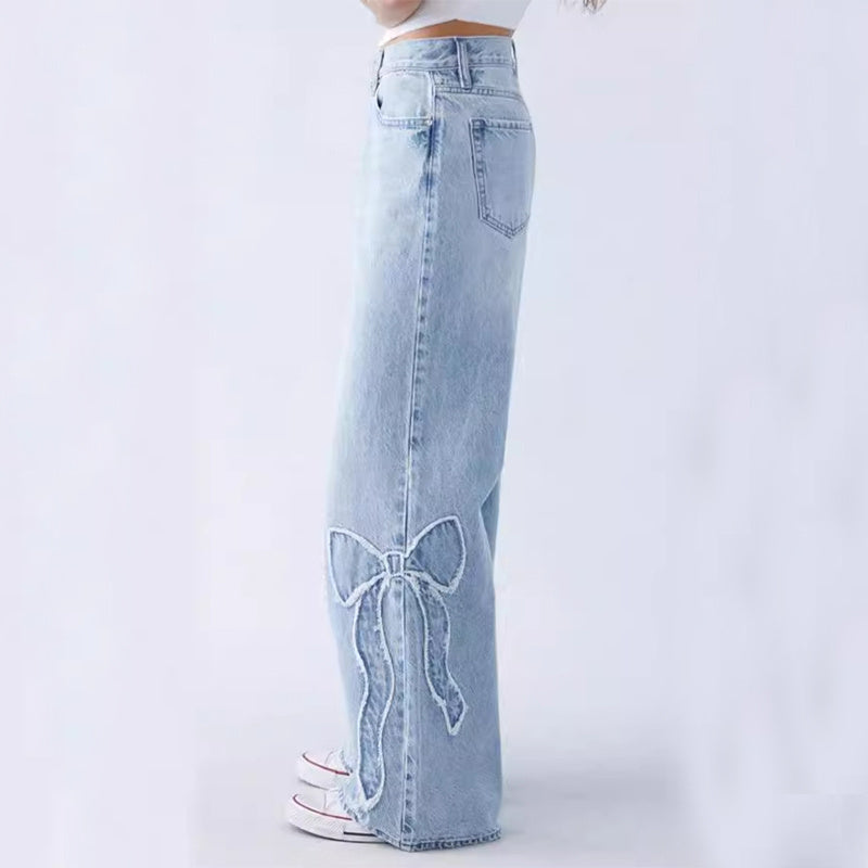 Straight Trousers Embroidered Side Frayed Butterfly Jeans Street Design Baggy Pants