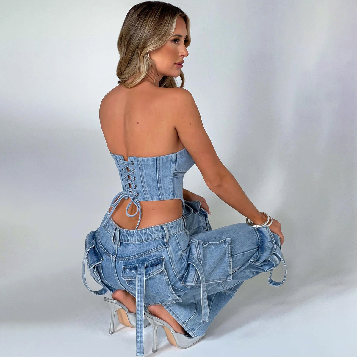 Suit Low Waist Three-dimensional Tube Top And Pocket Stitching Jeans Pants