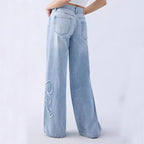 Straight Trousers Embroidered Side Frayed Butterfly Jeans Street Design Baggy Pants