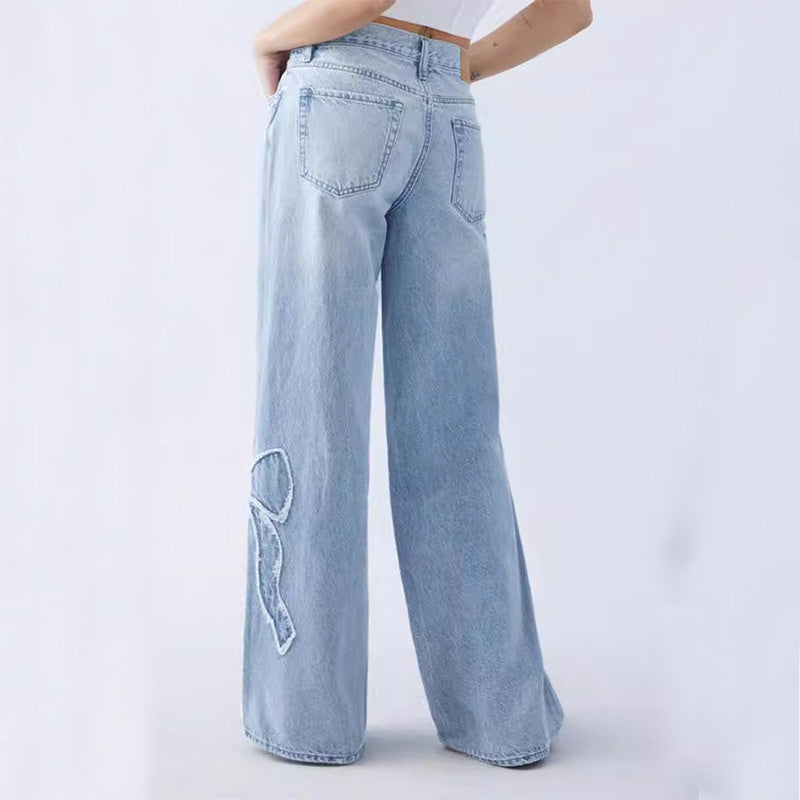 Straight Trousers Embroidered Side Frayed Butterfly Jeans Street Design Baggy Pants