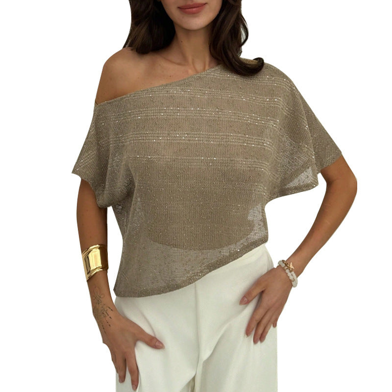 Loose T-shirt Oblique Shoulder Semi-transparent Pullover Top
