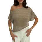 Loose T-shirt Oblique Shoulder Semi-transparent Pullover Top
