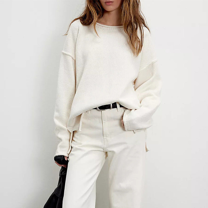 Women's Knitted Solid Color Round Neck Pullover Loose Sweater