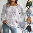 Square Neck Knitted Sweater With Button Design Winter Warm Long Sleeve Tops