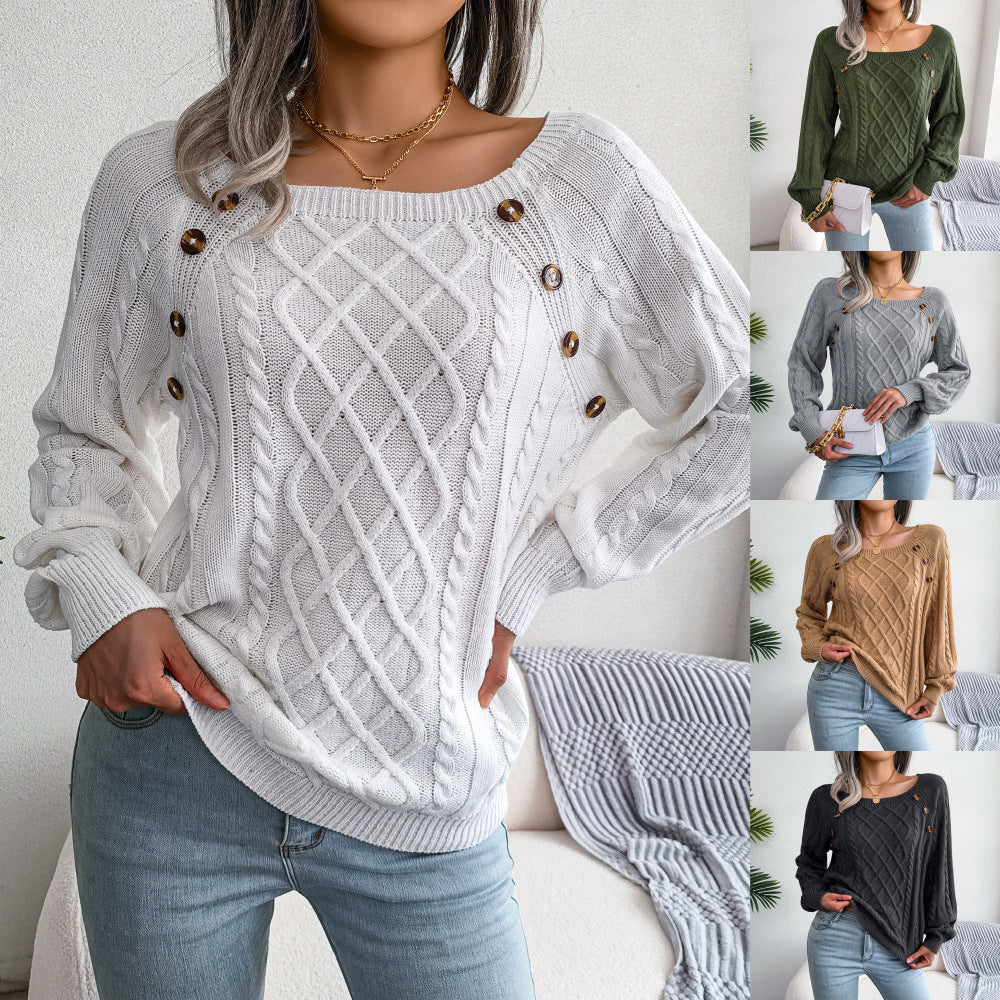 Square Neck Knitted Sweater With Button Design Winter Warm Long Sleeve Tops