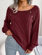 Square Neck Knitted Sweater With Button Design Winter Warm Long Sleeve Tops