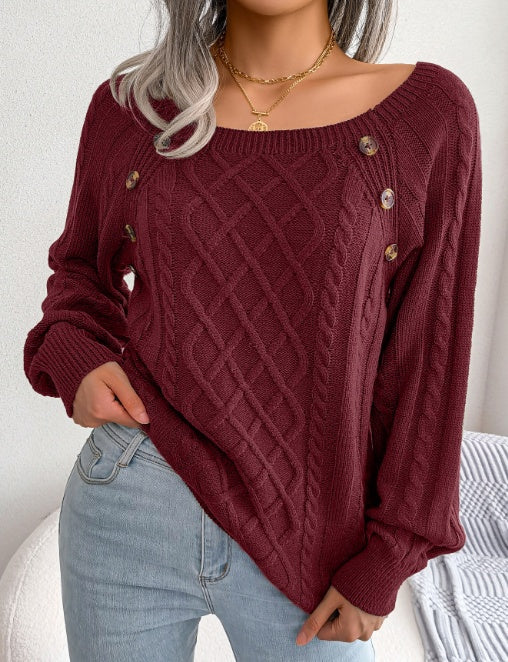 Square Neck Knitted Sweater With Button Design Winter Warm Long Sleeve Tops