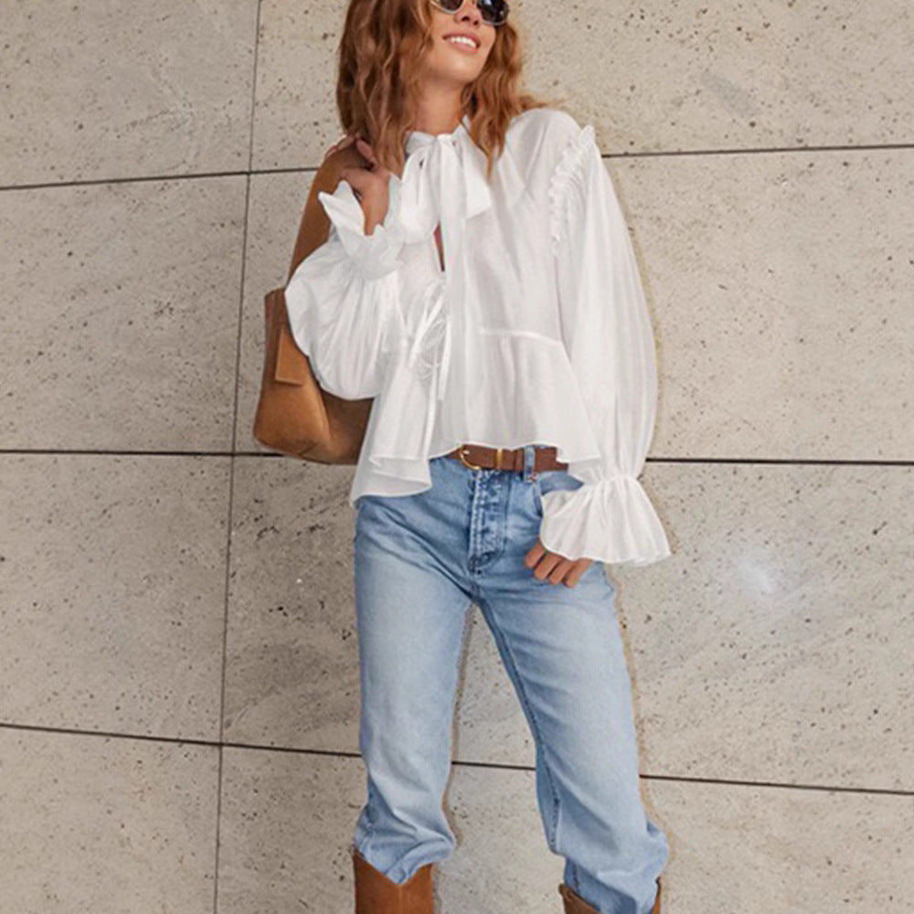 Bell Sleeve Loose Lace-up Fashion Shirt Design Sense
