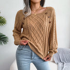 Square Neck Knitted Sweater With Button Design Winter Warm Long Sleeve Tops