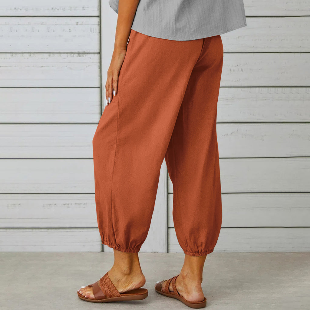 Drawstring Tie Pants Spring Summer Cotton And Linen Trousers With Pockets Button