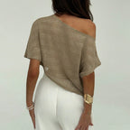 Loose T-shirt Oblique Shoulder Semi-transparent Pullover Top