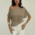 Loose T-shirt Oblique Shoulder Semi-transparent Pullover Top