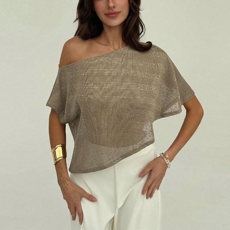 Loose T-shirt Oblique Shoulder Semi-transparent Pullover Top