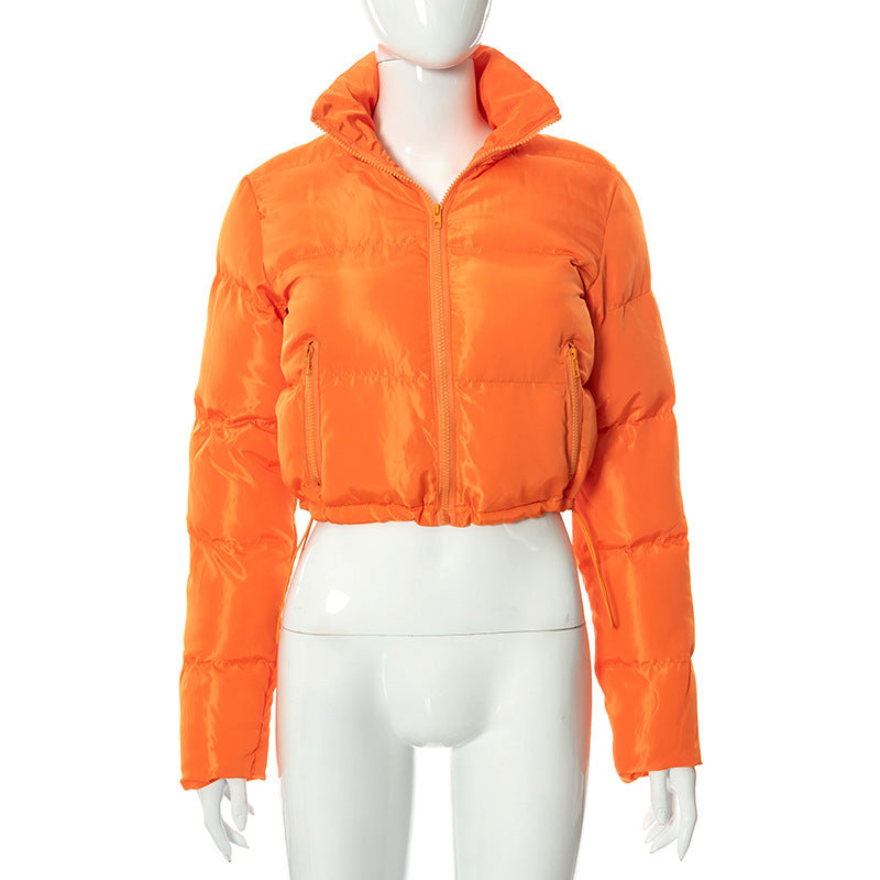 Long-sleeved Stand Collar Zipper Bread Cotton Coat With Drawstring Design