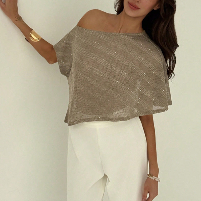 Loose T-shirt Oblique Shoulder Semi-transparent Pullover Top