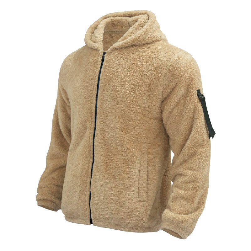 Plush Hooded Jacket Men's Autumn And Winter Fleece Double-sided Wear Warm Coat With Zipper Loose Casual Jacket