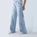 Straight Trousers Embroidered Side Frayed Butterfly Jeans Street Design Baggy Pants