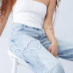 Straight Trousers Embroidered Side Frayed Butterfly Jeans Street Design Baggy Pants