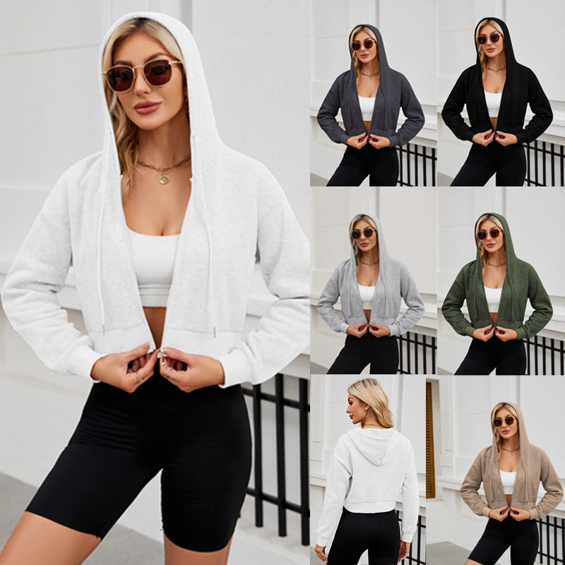 Fashion Zipper Hooded Drawstring Solid Color Short Long Sleeve Sweater