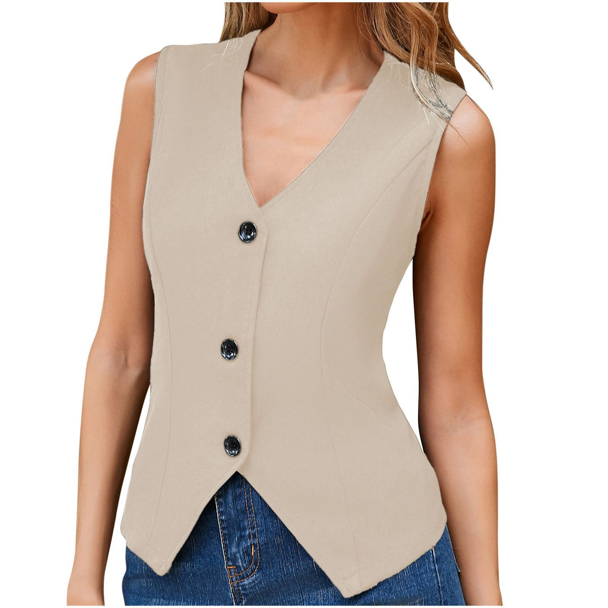 Front Buckle V-shaped Hem Solid Front Lapel Back Strap Elegant Fashion Tops