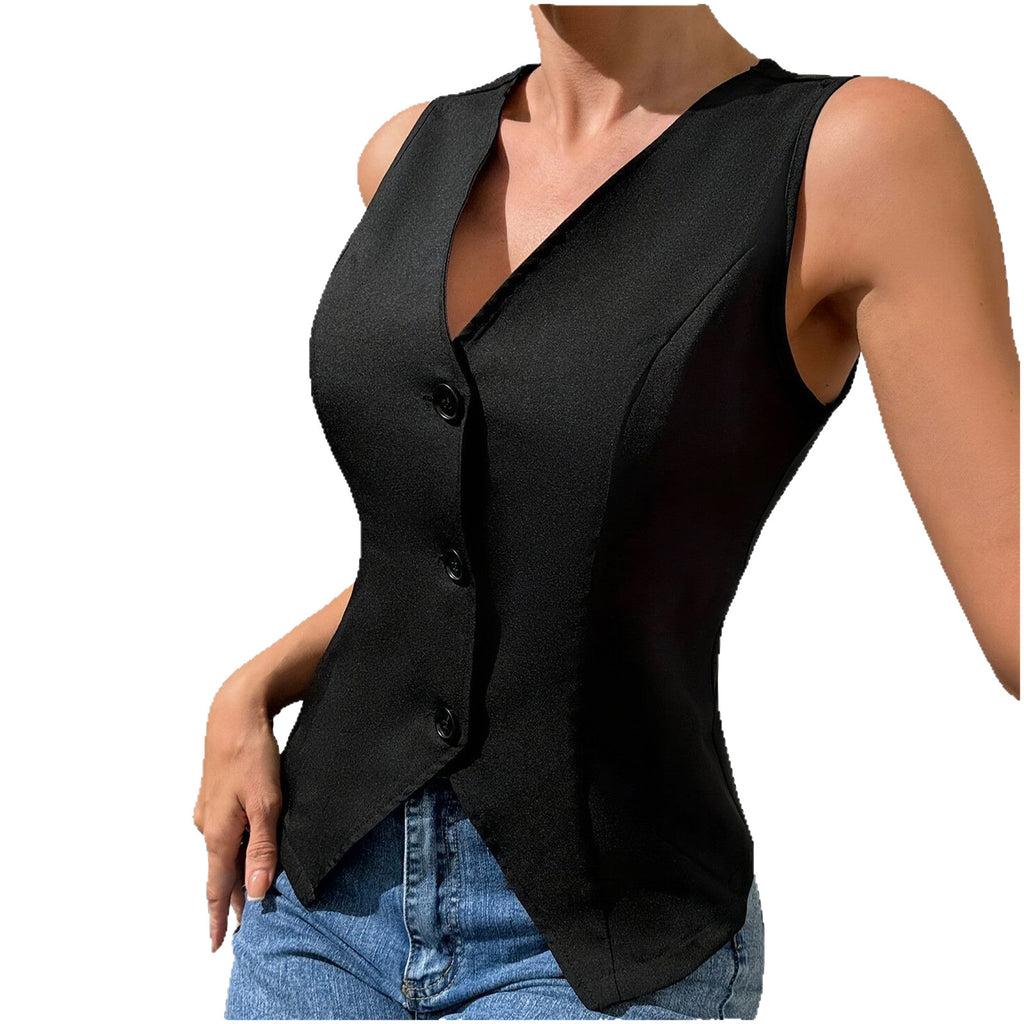 Front Buckle V-shaped Hem Solid Front Lapel Back Strap Elegant Fashion Tops