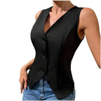 Front Buckle V-shaped Hem Solid Front Lapel Back Strap Elegant Fashion Tops