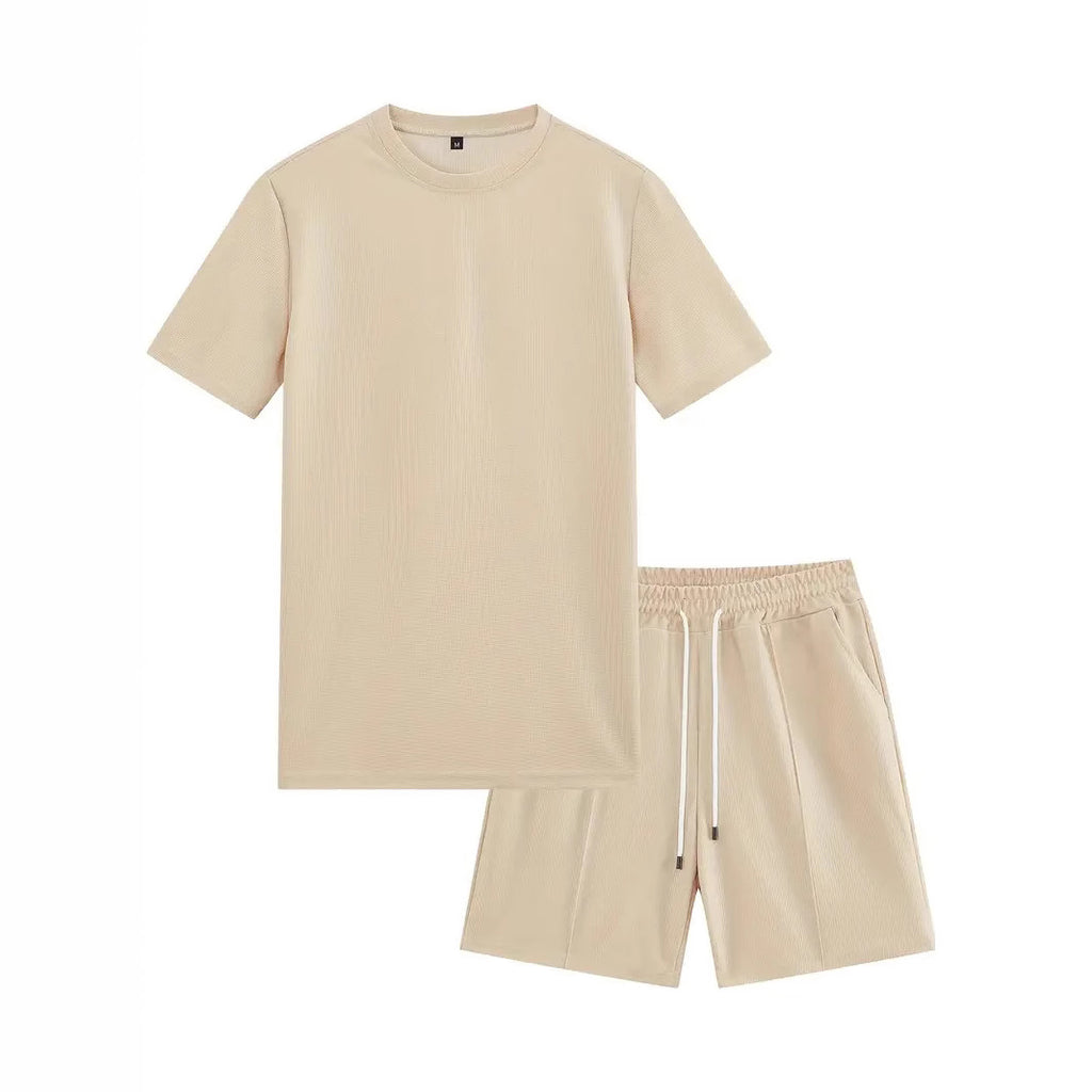 Waffle Texture Short Sleeve Blouse And Pants Men's Summer