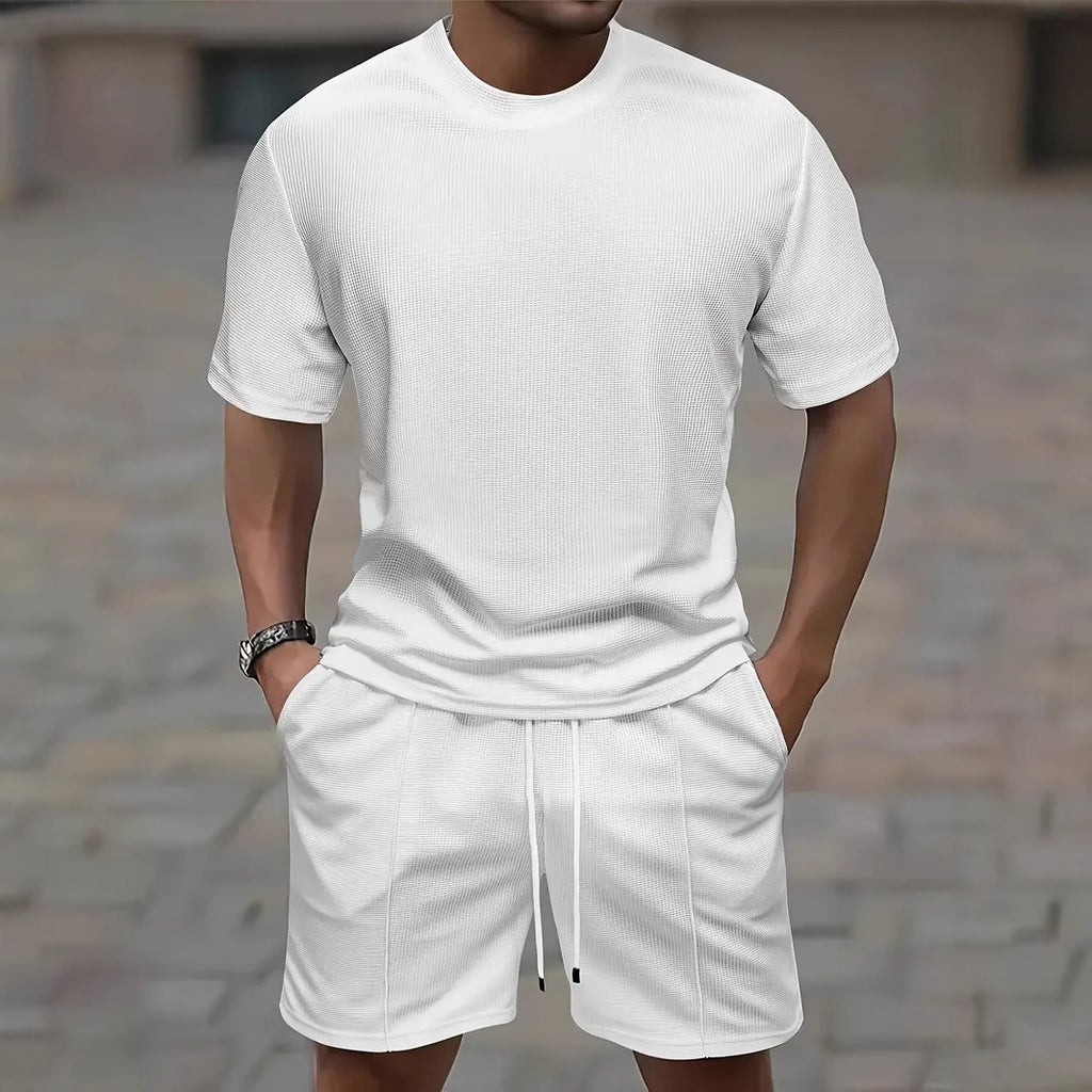 Waffle Texture Short Sleeve Blouse And Pants Men's Summer