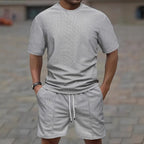 Waffle Texture Short Sleeve Blouse And Pants Men's Summer