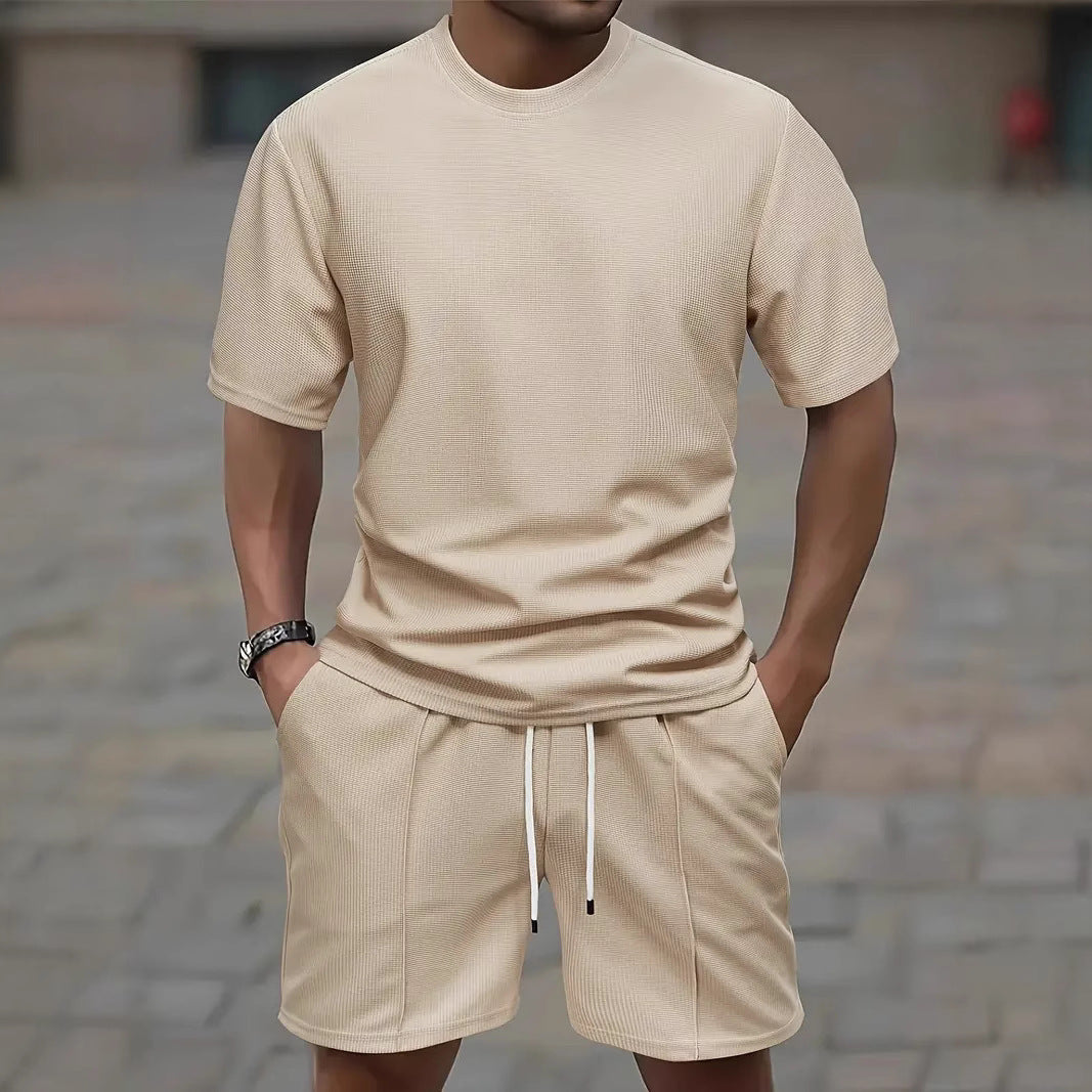 Waffle Texture Short Sleeve Blouse And Pants Men's Summer