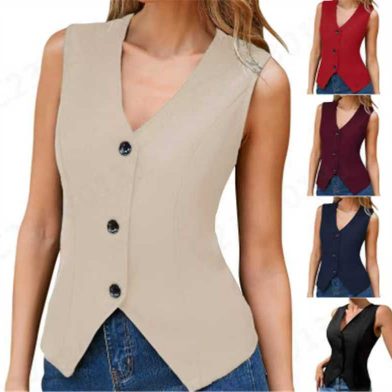 Front Buckle V-shaped Hem Solid Front Lapel Back Strap Elegant Fashion Tops