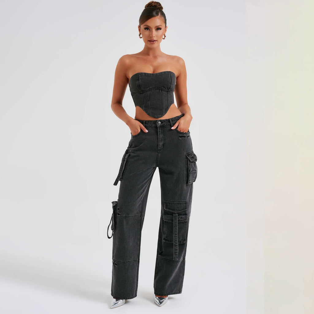 Suit Low Waist Three-dimensional Tube Top And Pocket Stitching Jeans Pants