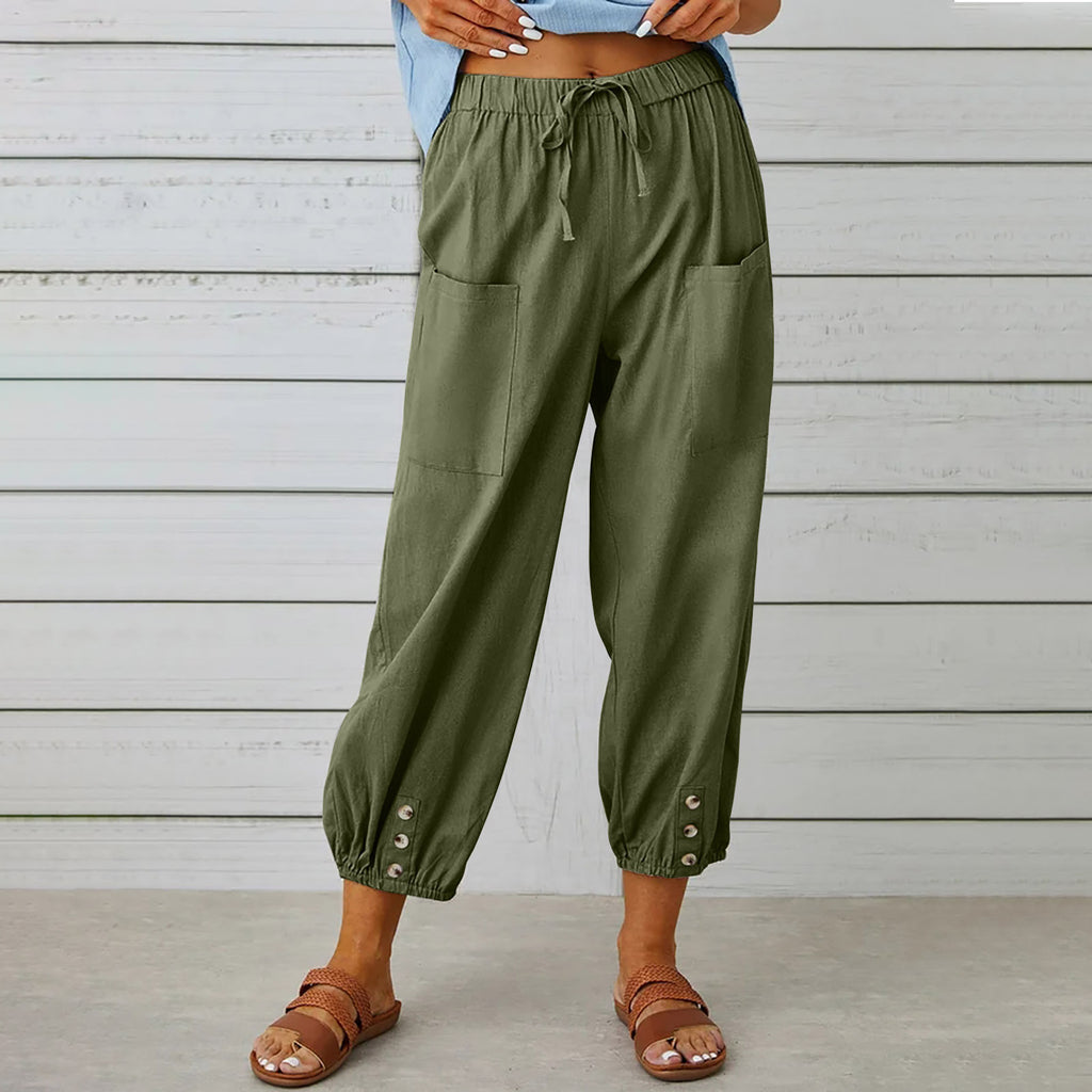 Drawstring Tie Pants Spring Summer Cotton And Linen Trousers With Pockets Button
