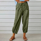 Drawstring Tie Pants Spring Summer Cotton And Linen Trousers With Pockets Button
